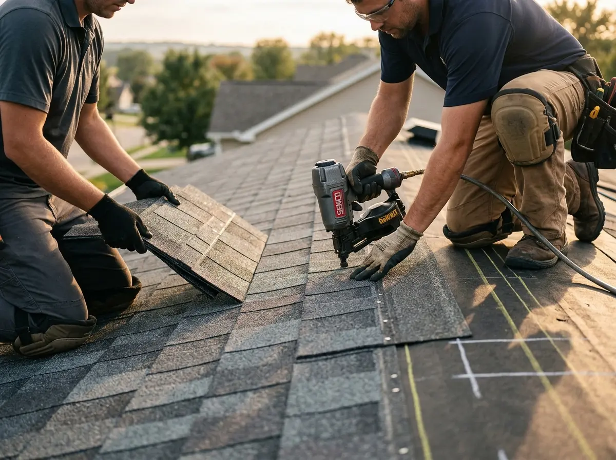 Professional roofer working on a residential roof in Waverly